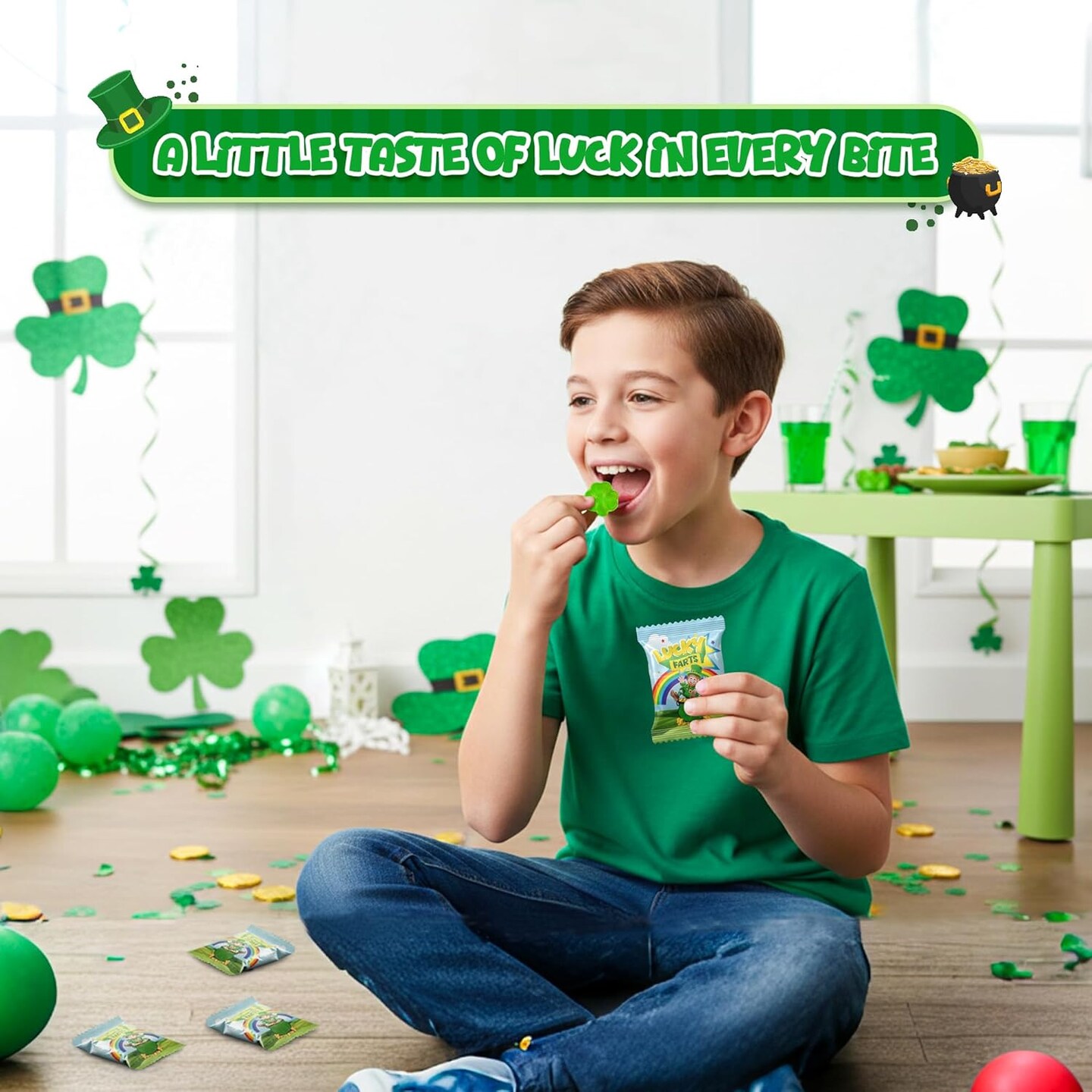 4E's Novelty St. Patrick's Day Lucky Farts Shamrock Gummies - 30 Individually Wrapped Bags (5 Pieces Each) Hilarious Green Gummy Candy for Party Favors, Fun St Patty's Day Treats & Kids Snacks