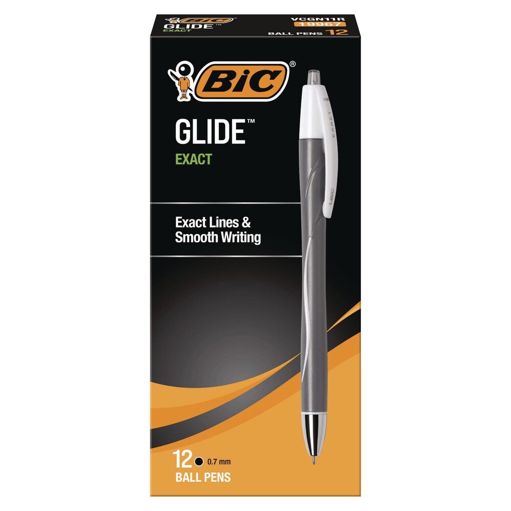 BIC Fine 0.7 mm GLIDE Exact Retractable Ballpoint Pen - Black Ink, Black Barrel (1-Dozen)