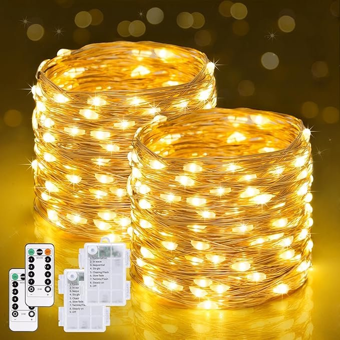 Edge Collections - 132' - Warm White - Remote-Controlled Battery Fairy Lights for Festive Decor - 2 Piece