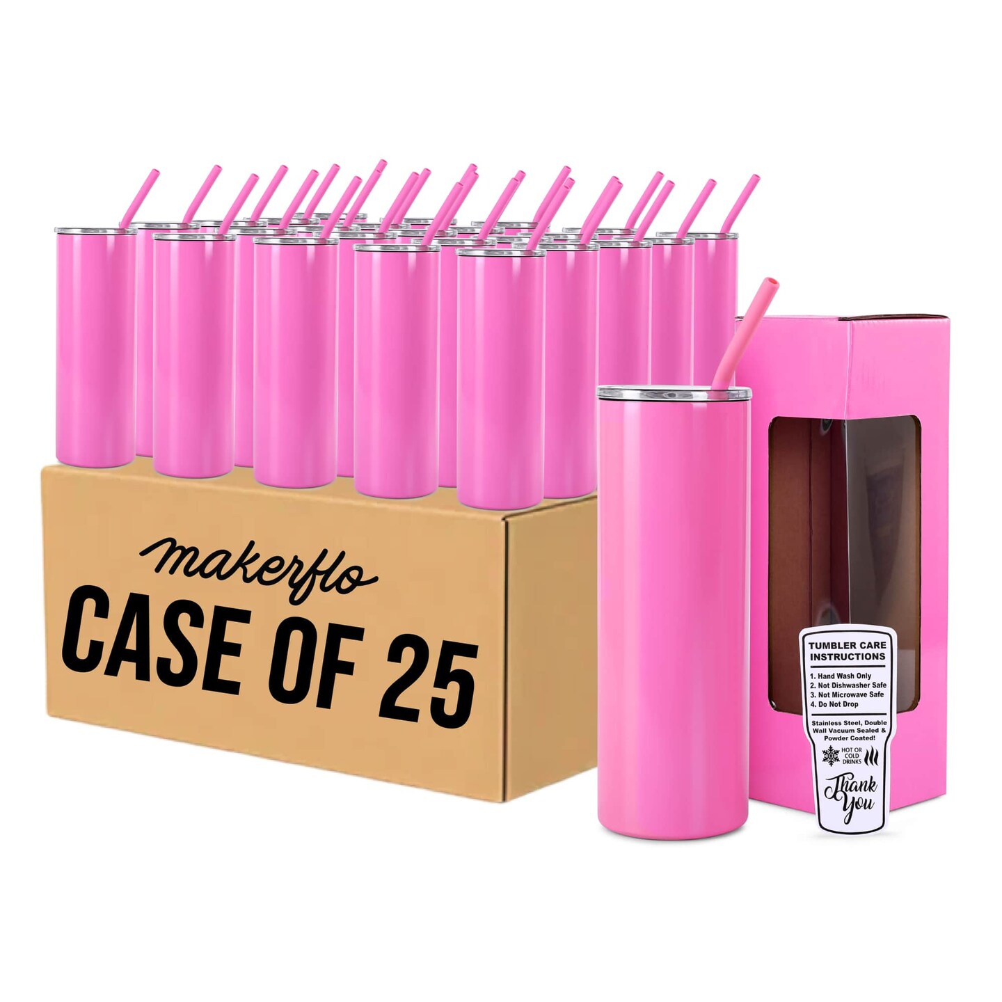 MakerFlo 20oz Skinny Powder-Coated Glossy Tumbler with Optional Handle – Case of 25 – Includes Leak-Proof Lids, Silicone Straws & Gift Boxes – Customizable for Laser Engraving, UV Printing, and Epoxy