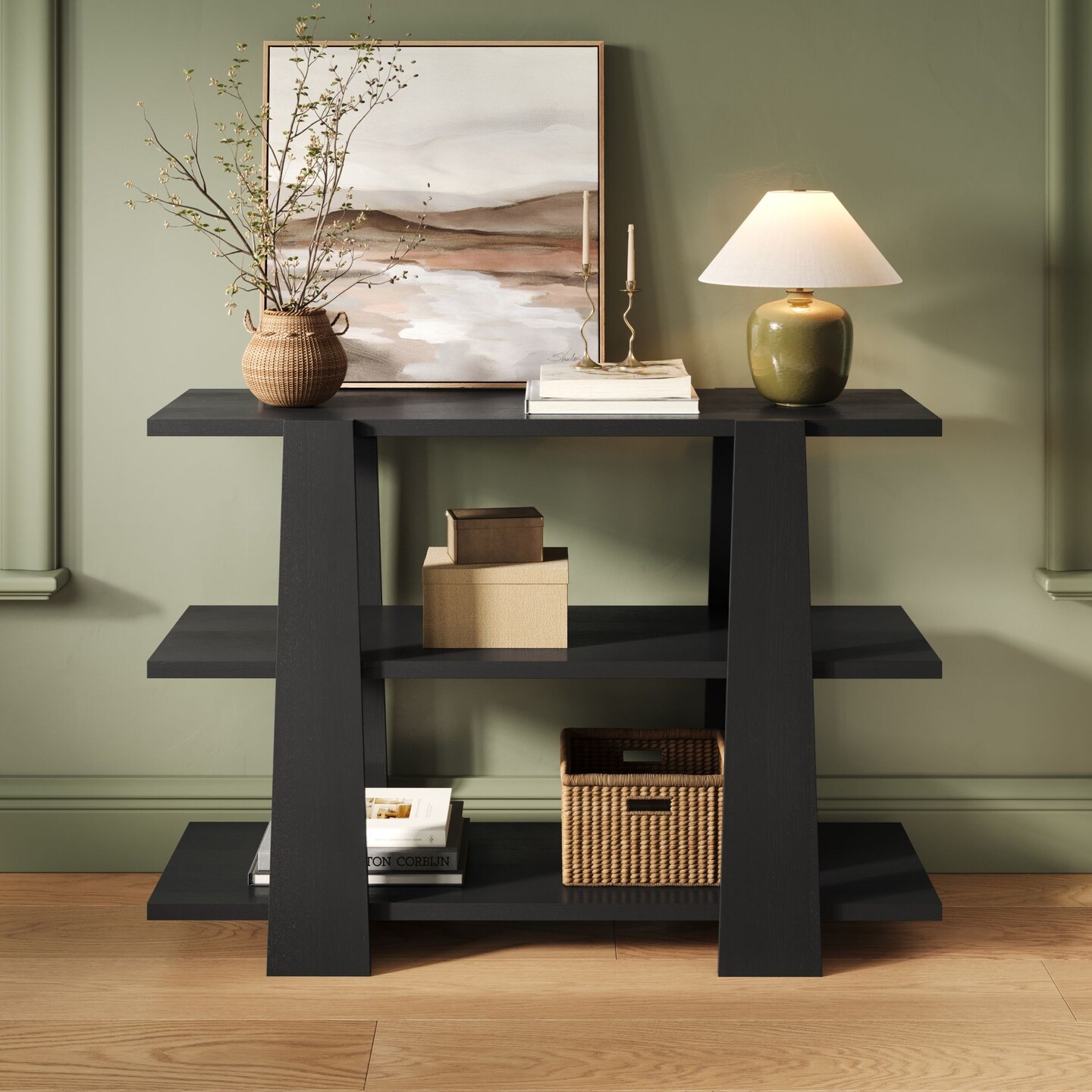 3 Tier Wood Console Table, Narrow Entryway Table with Storage, Minimalist Modern Console Table for Living Room or Hallway, Easy to Assemble 46&#x201D; Table with 15&#x22; Shelves, Black