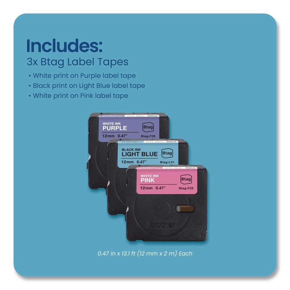 Brother P-Touch 0.47 in. x 13.1 ft. Genuine P-Touch BTAG Label Tapes - White on Purple, Black on Light Blue, White on Pink