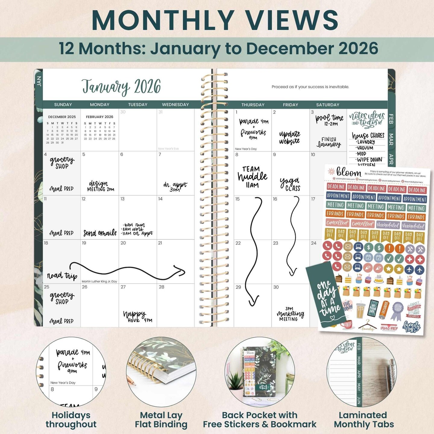 bloom daily planners 2026 Soft Cover Weekly & Monthly Planner, 5.5" x 8.25", Eucalyptus, Green