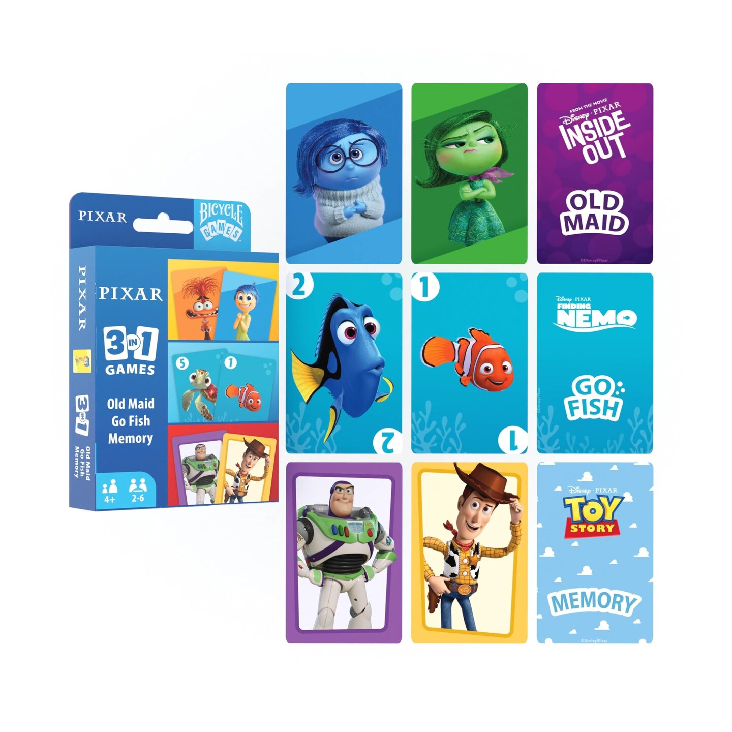 Bicycle Disney and Pixar 3-in-1 Card Games, Old Maid, Go Fish & Memory, Featuring Toy Story, Finding Nemo & Inside Out Characters, Kids Card Games Ages 4+, Family Games for 2-6 Players