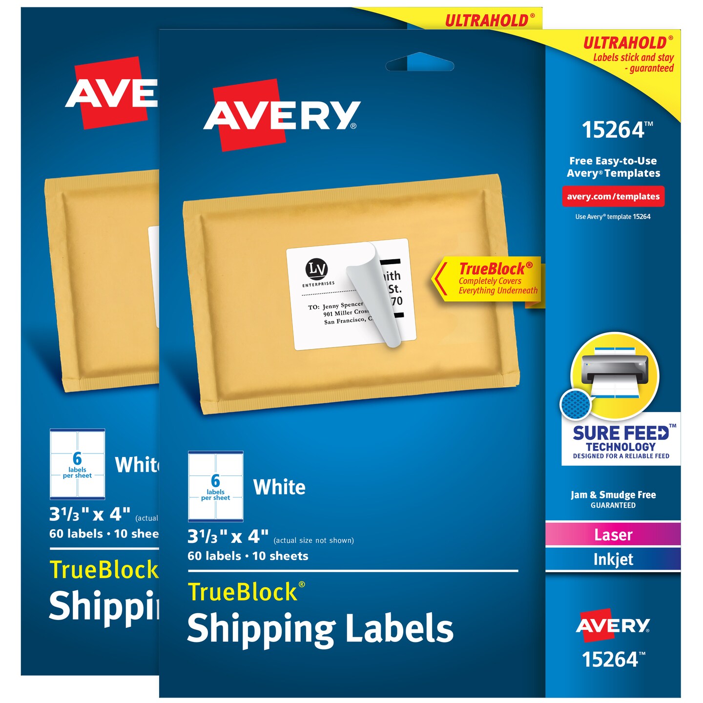 Avery Shipping Labels, Sure Feed, 3-1/3" x 4", (2 Pack of 15264)