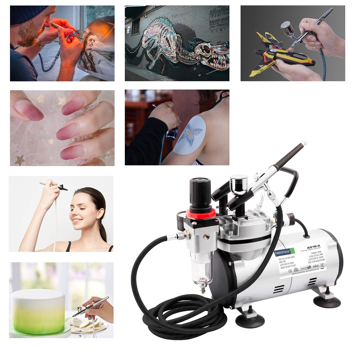 Timbertech Airbrush Kit With Compressor AS18-2K Basic Start Kit With Air Hose, Cleaning Brushes, and Test Paints for Hobby, Body Tattoo, Model painting, Automotive Graphic, Make-up