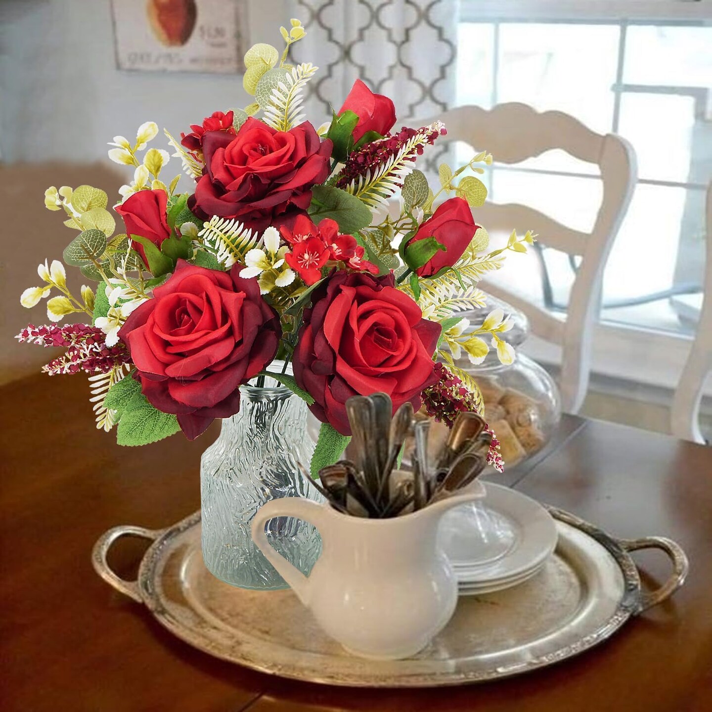 Valentine Centerpieces for Tables Valentines Day Flowers in Vase Red Artificial Roses with Light Valentine's Day Decorations for Wedding Party Kitchen Dining Room Home Decor