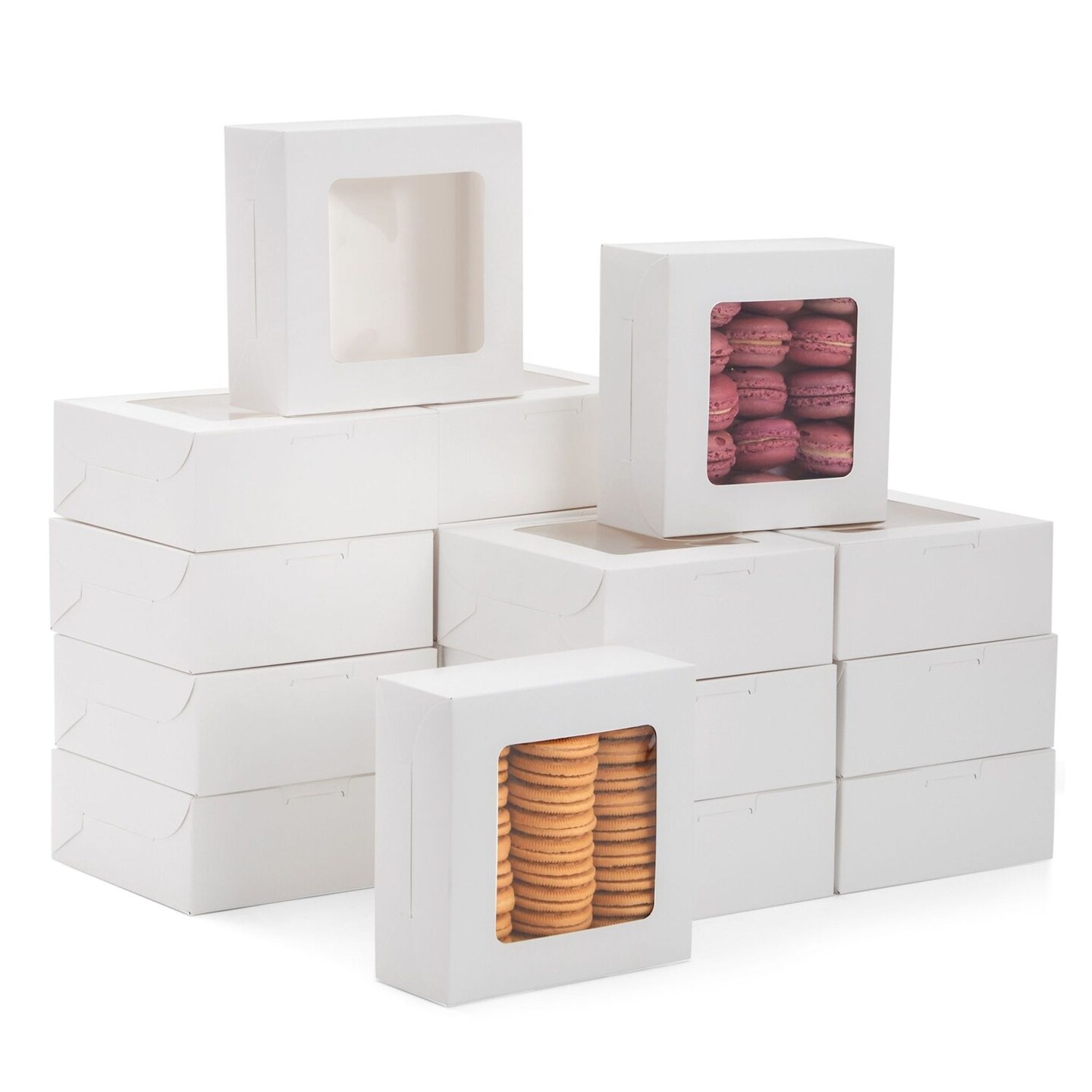 50 Pack 6x6 Bakery Boxes with Window for Desserts, Bulk Treat Containers for Cupcakes, Pastries, Cookies (White)