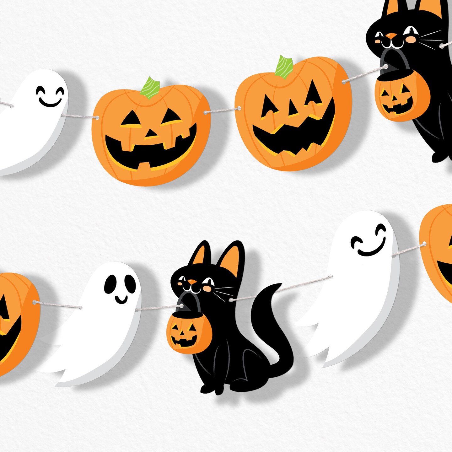 Big Dot of Happiness Jack-O&#x27;-Lantern Halloween Garland Banner, Party Decor Backdrop, 30 Feet of Cord, 15 Paper Ghost, Pumpkin, and Black Cat Shapes