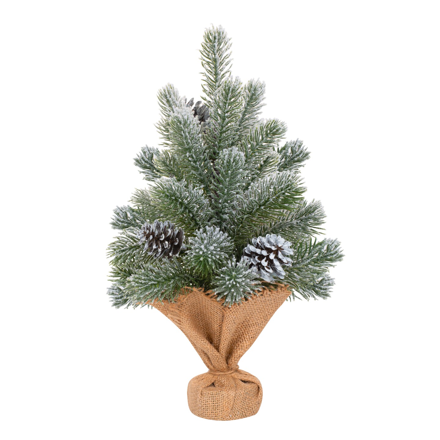 16" Mini Flocked Christmas Tree – Snowed Pine with Cones, Burlap Base, Small Tabletop Winter Holiday Decor