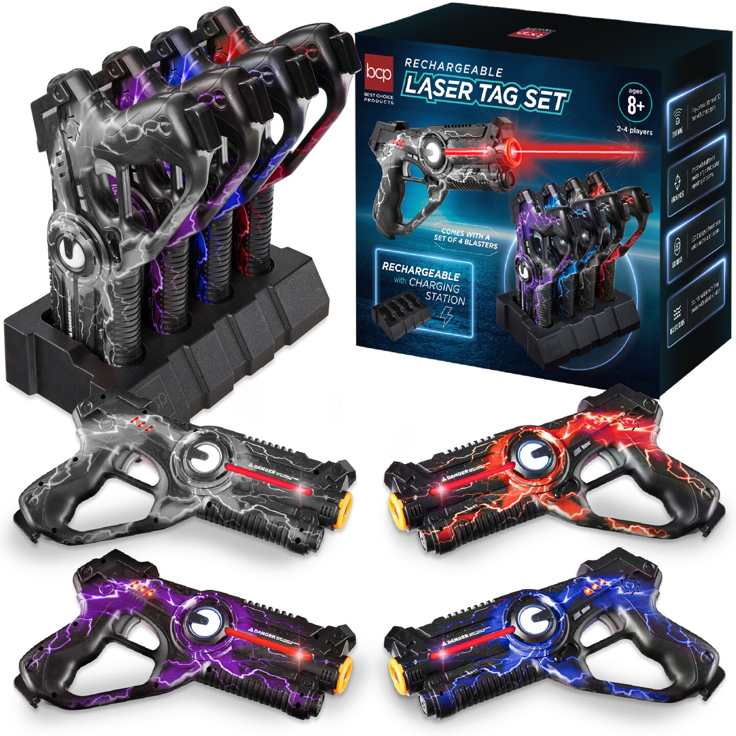 Best Choice Products Set of 4 Rechargeable Laser Tag Blasters, No Vests Needed w/ Docking Station, 4 Settings