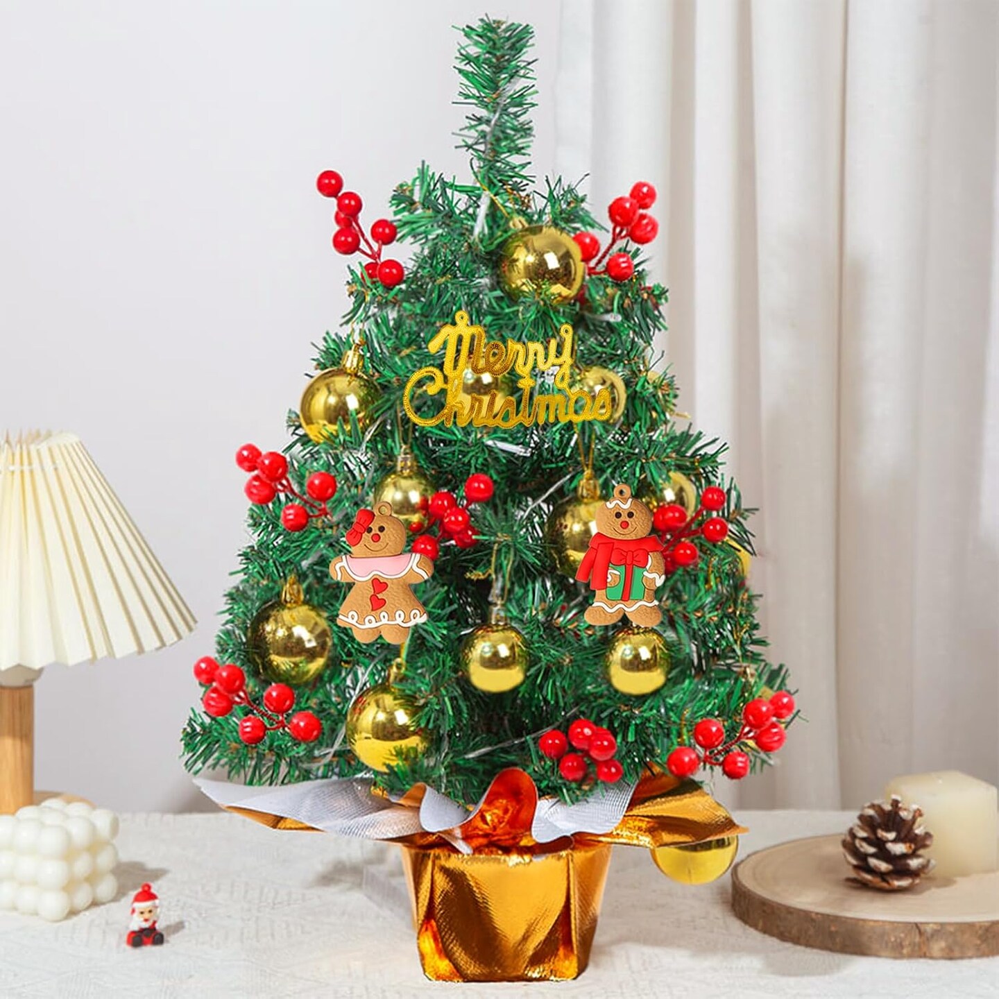 Small Mini Christmas Tree 22 Inch with Light,Tabletop Miniature Pine Christmas Tree with Hanging Ornaments, Battery Operated Artificial Xmas Tree, Best DIY Christmas Holiday Party Decorations