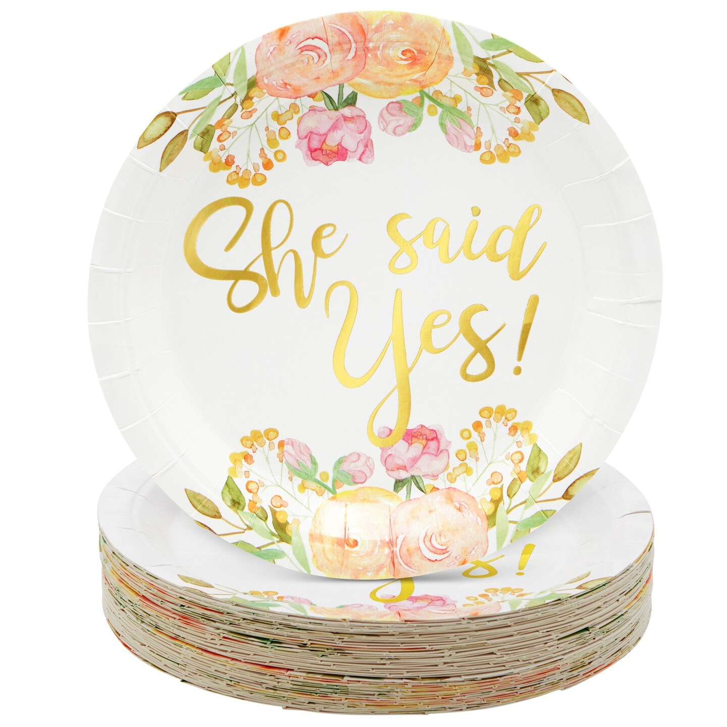 48-Pack Gold Foil She Said Yes Plates for Engagement Party, Bridal Shower Decorations, Disposable Bachelorette Supplies, Wedding Celebration, Floral Design (9 in)