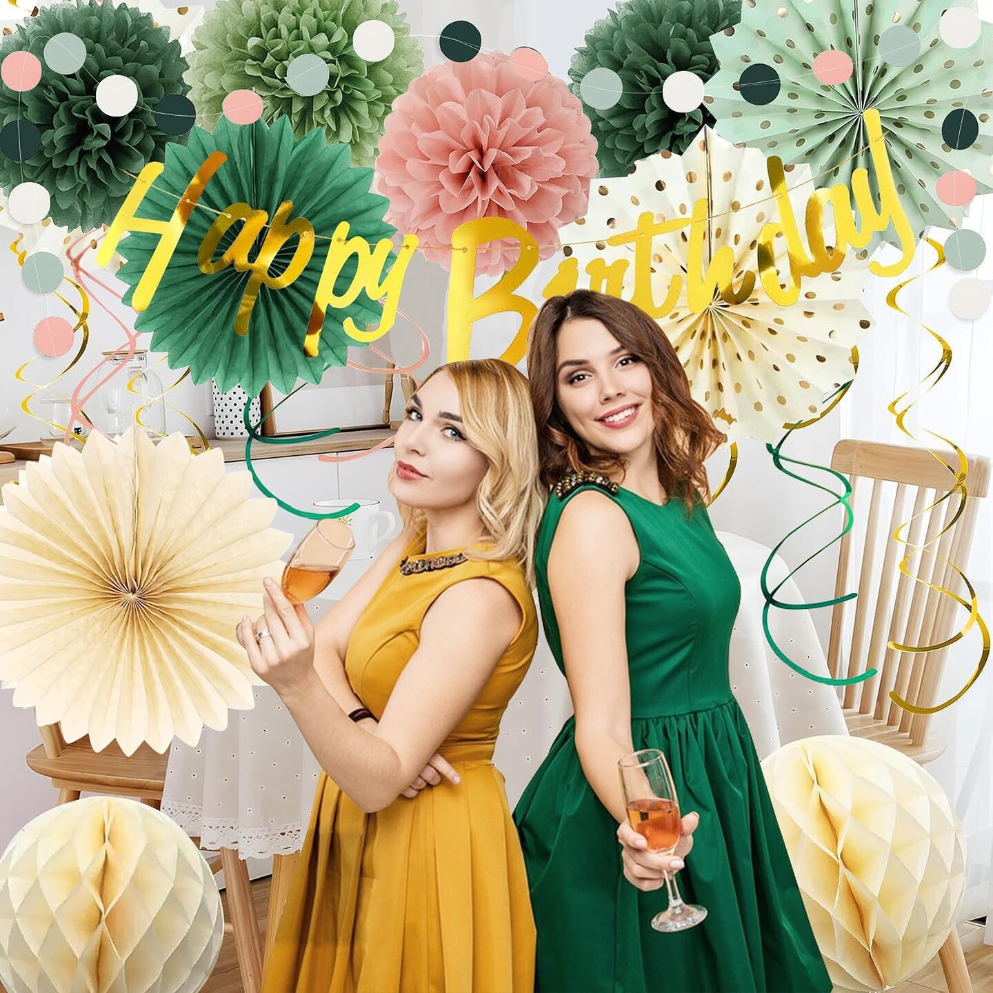 Sage Green & Pink Gold Birthday Party Decoration Kit – Banner, Garland, Pom-Poms & More