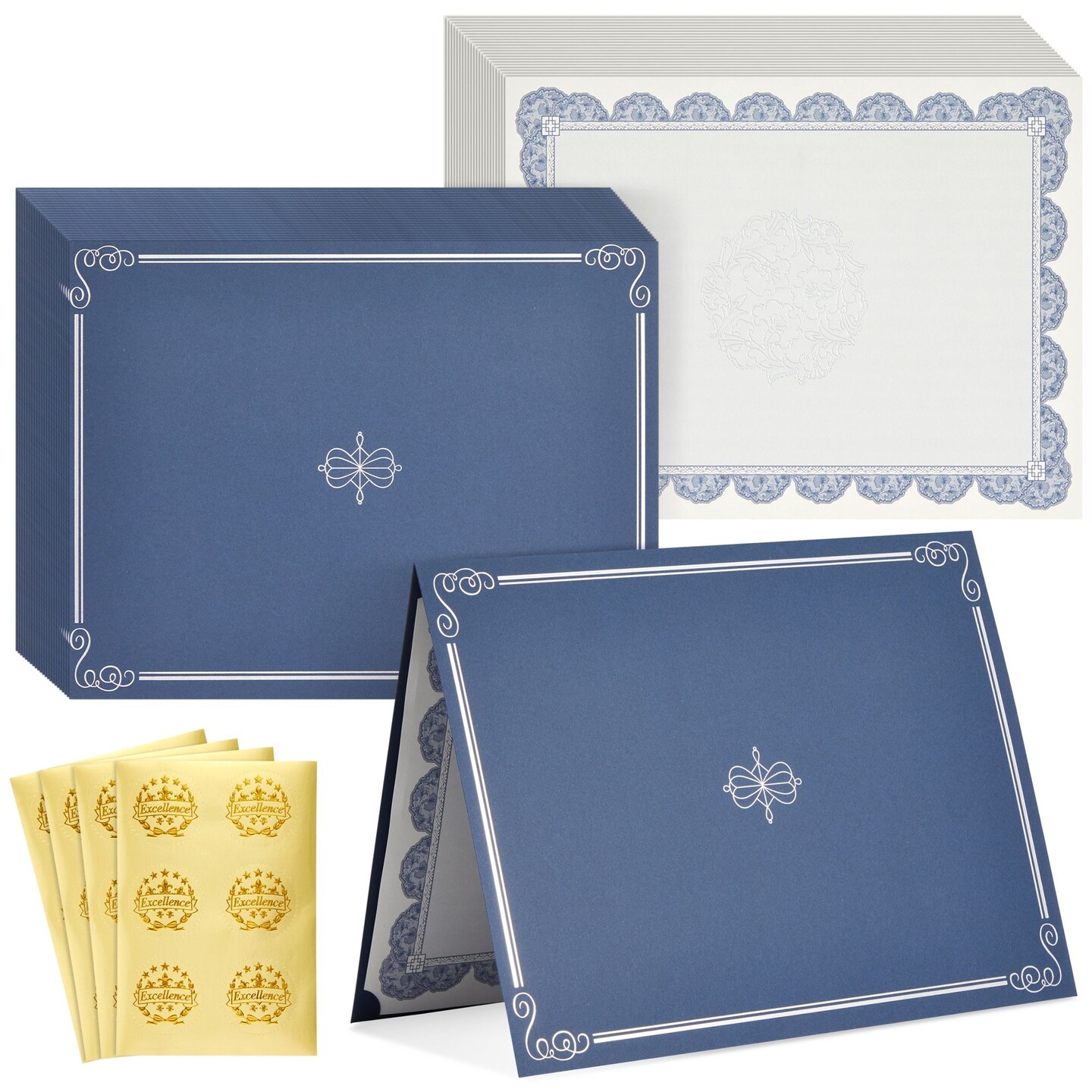 72 Piece Navy Blue Certificate Holders Kit - Includes 24-Pack Covers, Letter-Size Certificate Paper, Gold Foil Seals for Graduation, Student Awards, Employee Recognition