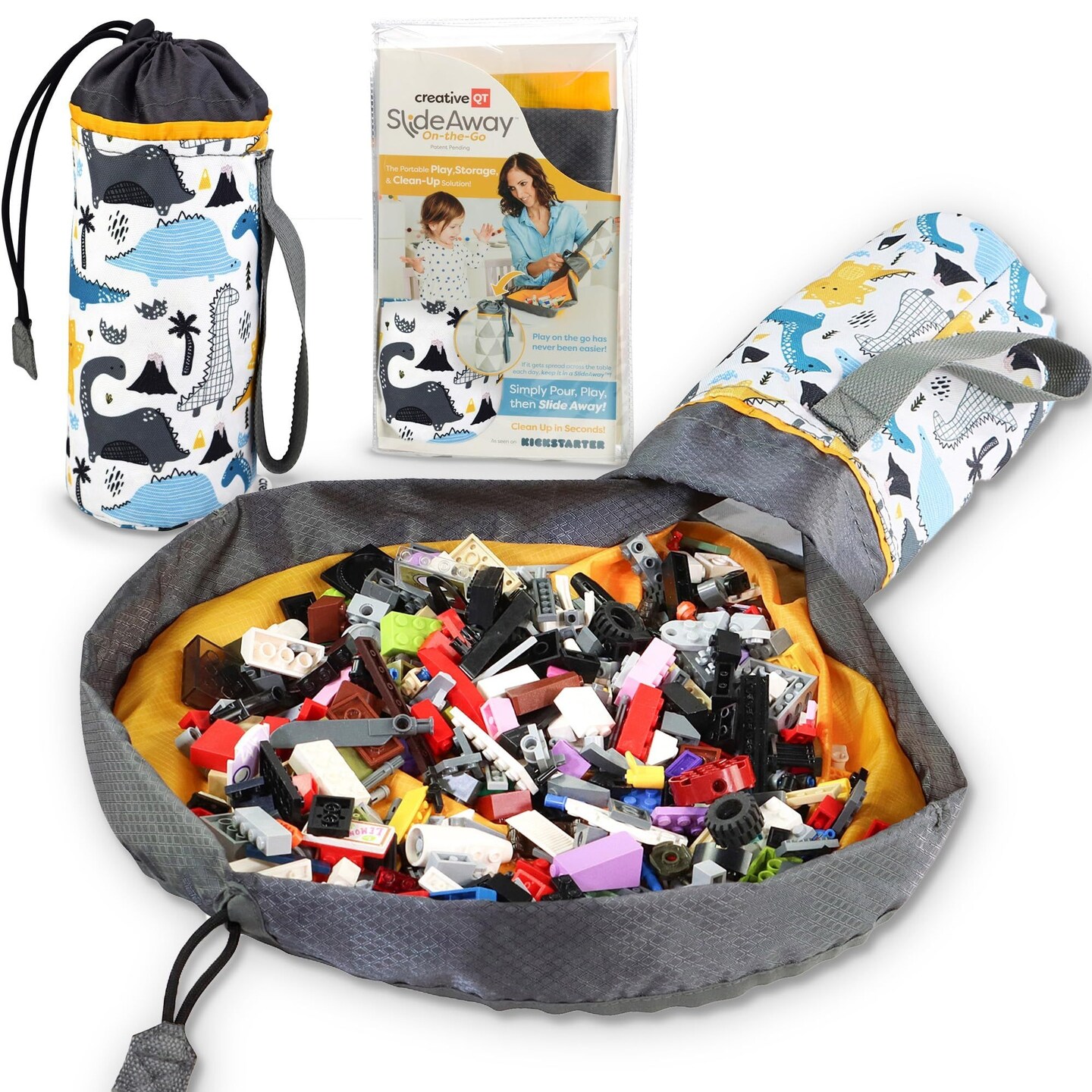 Creative QT SlideAway, Dinosaur Print, On-The-Go Mini Storage Bag and Table Top Play Mat For Toddlers, Room and Travel Organizer