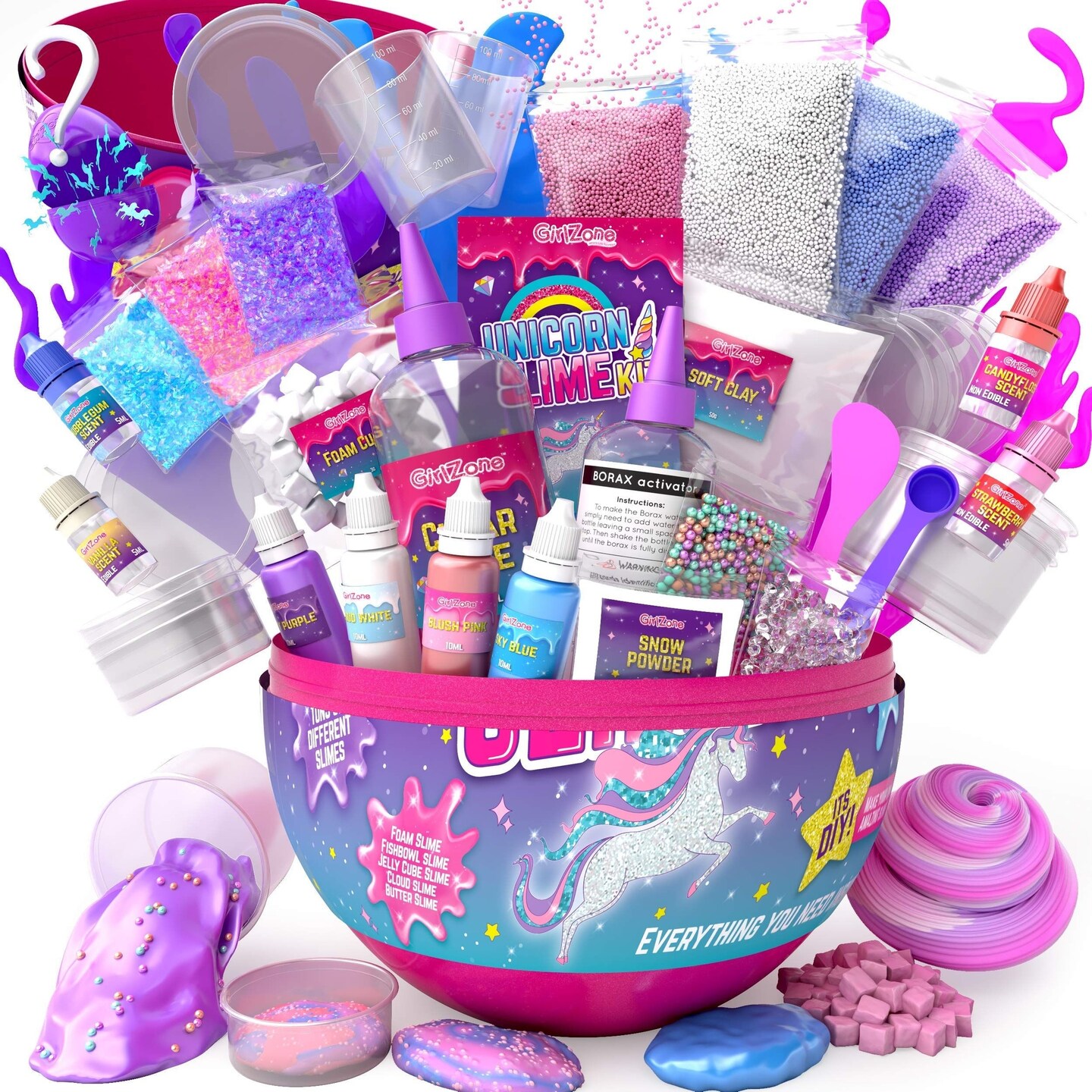 GirlZone Sparkly Unicorn Egg Surprise Slime Kit for Girls, DIY Sensory Toys For Kids, Create Cloud Slime &#x26; Magical Unicorn Slimes, Arts and Crafts for Kids Aged 7-12 Years Old