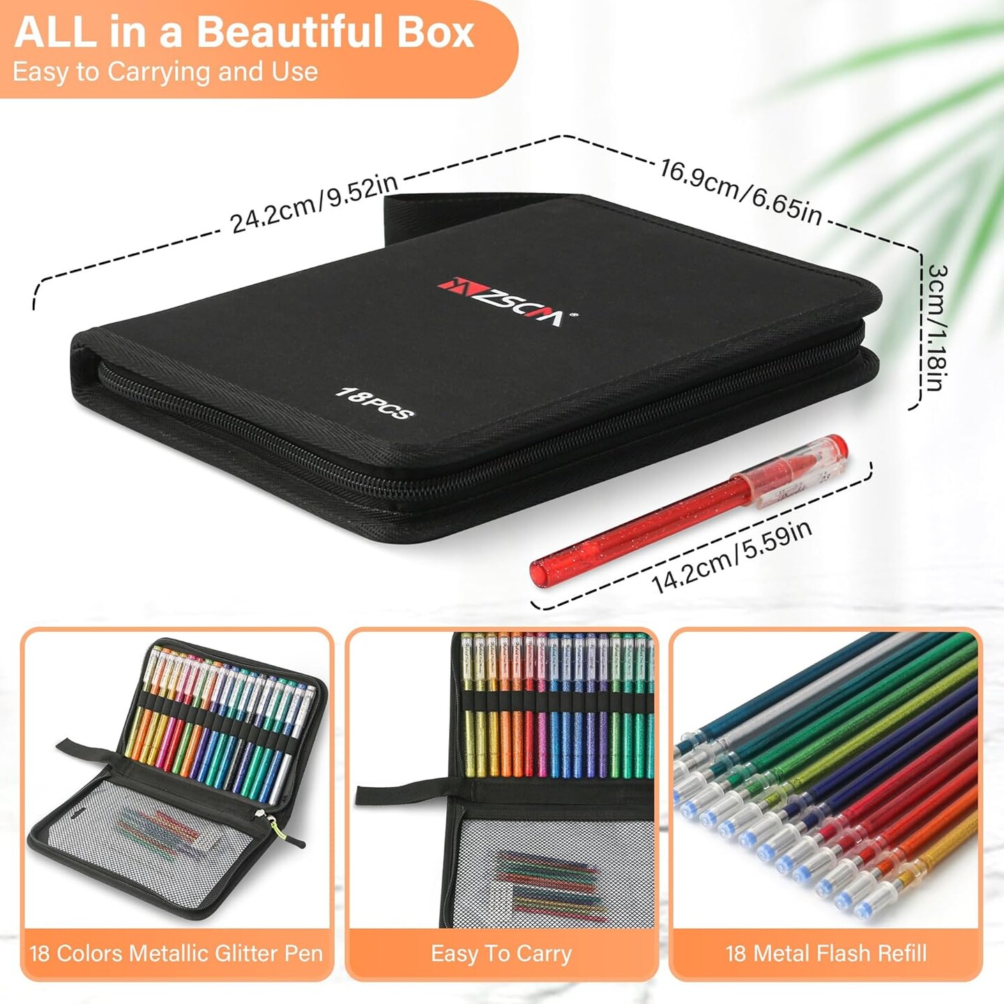 36 Pack Metallic Glitter Gel Pens Set, 18 Colors Sparkle Gel Pens with 18 Glitter Pen Refills in Canvas Bag for Adult Coloring Book Drawing Crafts Scrapbooks Journaling