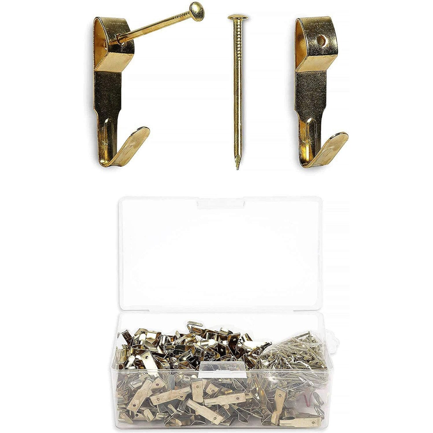 200-Pack 1.2&#x22; Heavy Duty Iron Picture Frame Hangers Hooks Tidy Tin with Nails &#x26; Screws, Gold