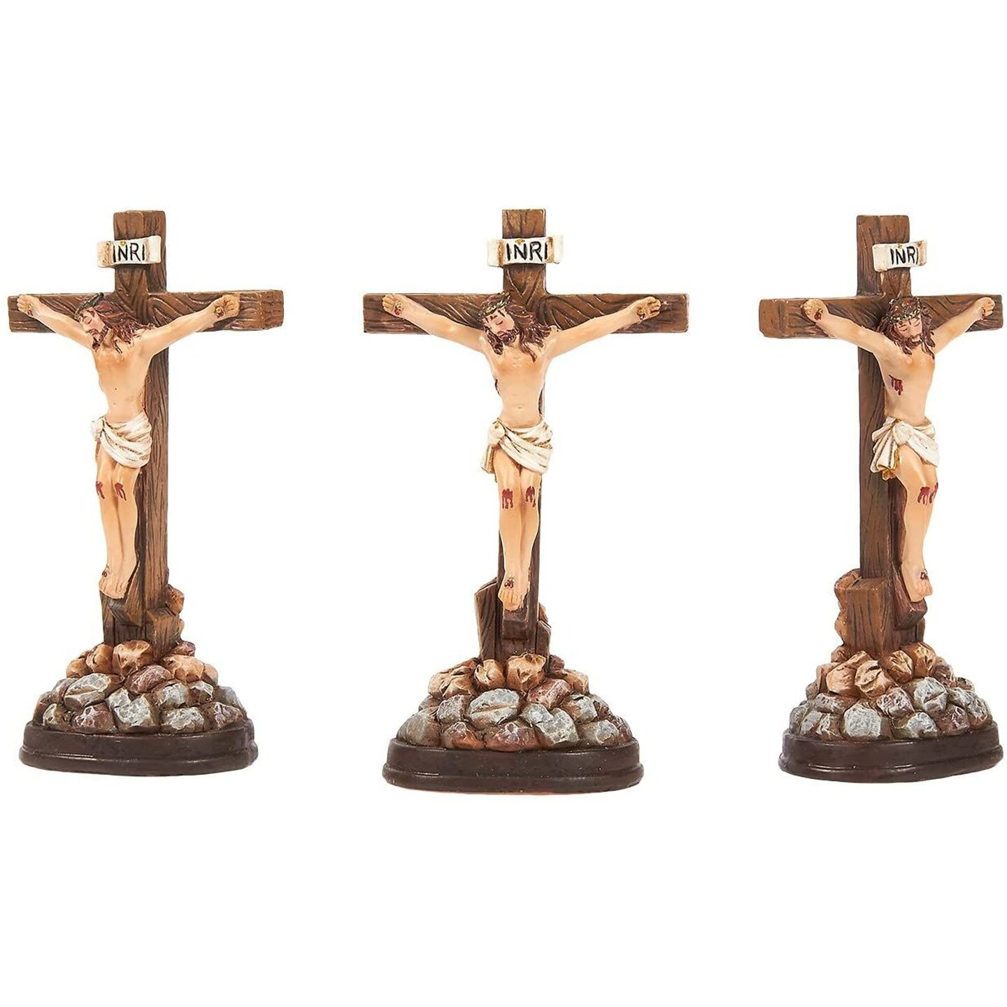 Juvale 3-Pack Standing Crucifix Cross Statues, Little Jesus Figures, Ornate Catholic Cross Sculptures, Religious Resin Icons of Christ’s Passion, Small Christian Altar Decor for Prayer and Reflection