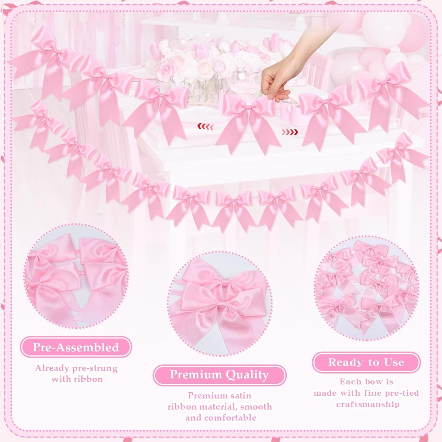2-Pack Pink Ribbon Bow Garland – Birthday, Baby Shower & Wedding Party Decor