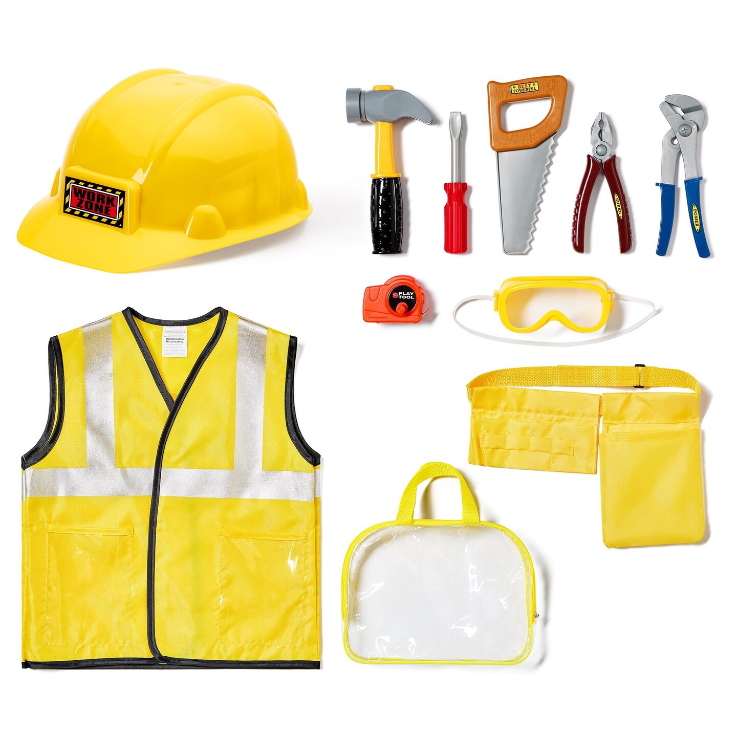 Kids Role Play Costume Set - 10-Piece Construction Worker Costume for Kids, Builder Dress Up Kit with Hard Hat, Tool Belt, Vest, and Other Accessories for Pretend Play, Halloween Dress Up, School Play