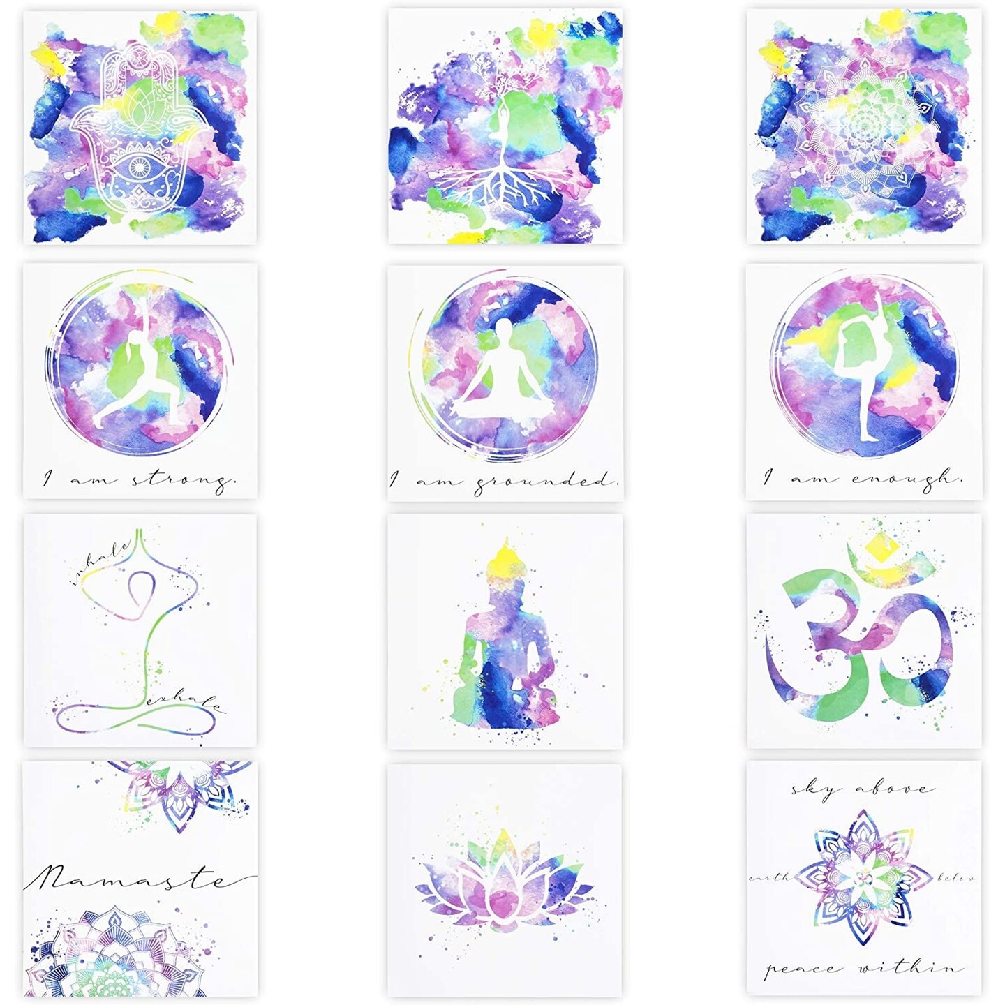 12 Pack Meditation Chakra Posters, Inspirational Yoga Poster for Wall Decor (12x12 Inch)