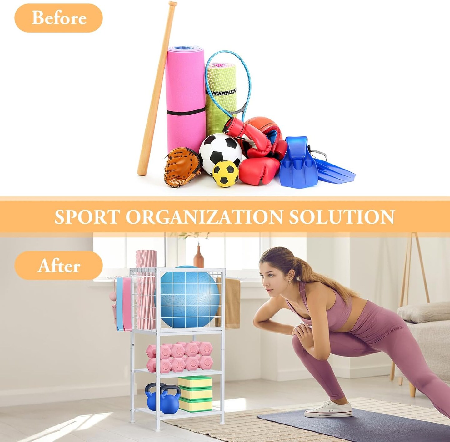 Modern Home Gym Weight White Rack with Wheels &#x26; Storage Hooks &#x2013; 3-Tier Organizer for Dumbbells, Resistance Bands, Yoga Mat, and Fitness Accessories