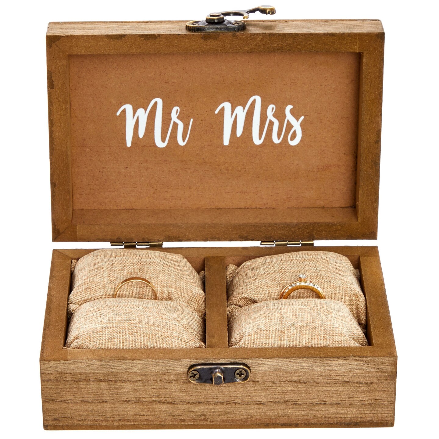 Juvale Wooden Two Become One Wedding Ring Box with Burlap Pillow Lining, Hinge Clasp Closure Wedding Ring Holder for Ceremony, Anniversaries, and Marriage Renewal (6x4x2 in)