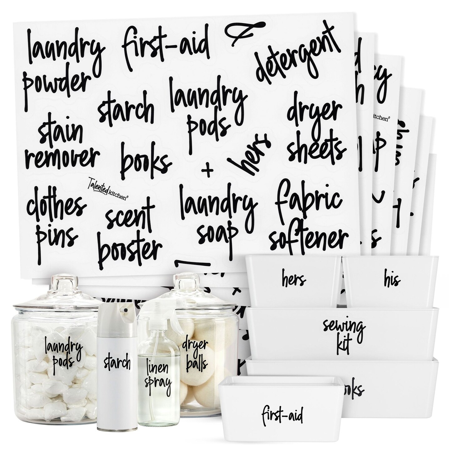 Talented Kitchen 141 Laundry Labels for Jars, Containers - Preprinted Black Script Stickers for Linen Closet, Bathroom, Cleaning Supplies Organization (Water Resistant)
