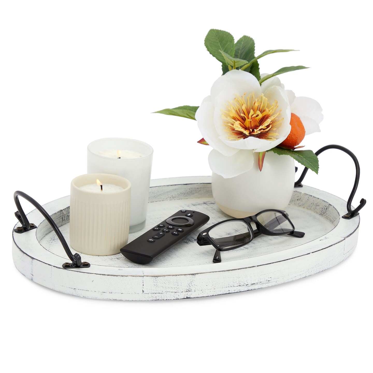 Oval Wooden Serving Tray with Handles, Decorative Platter for Coffee Table, Living Room (16 x 11 x 2 In)