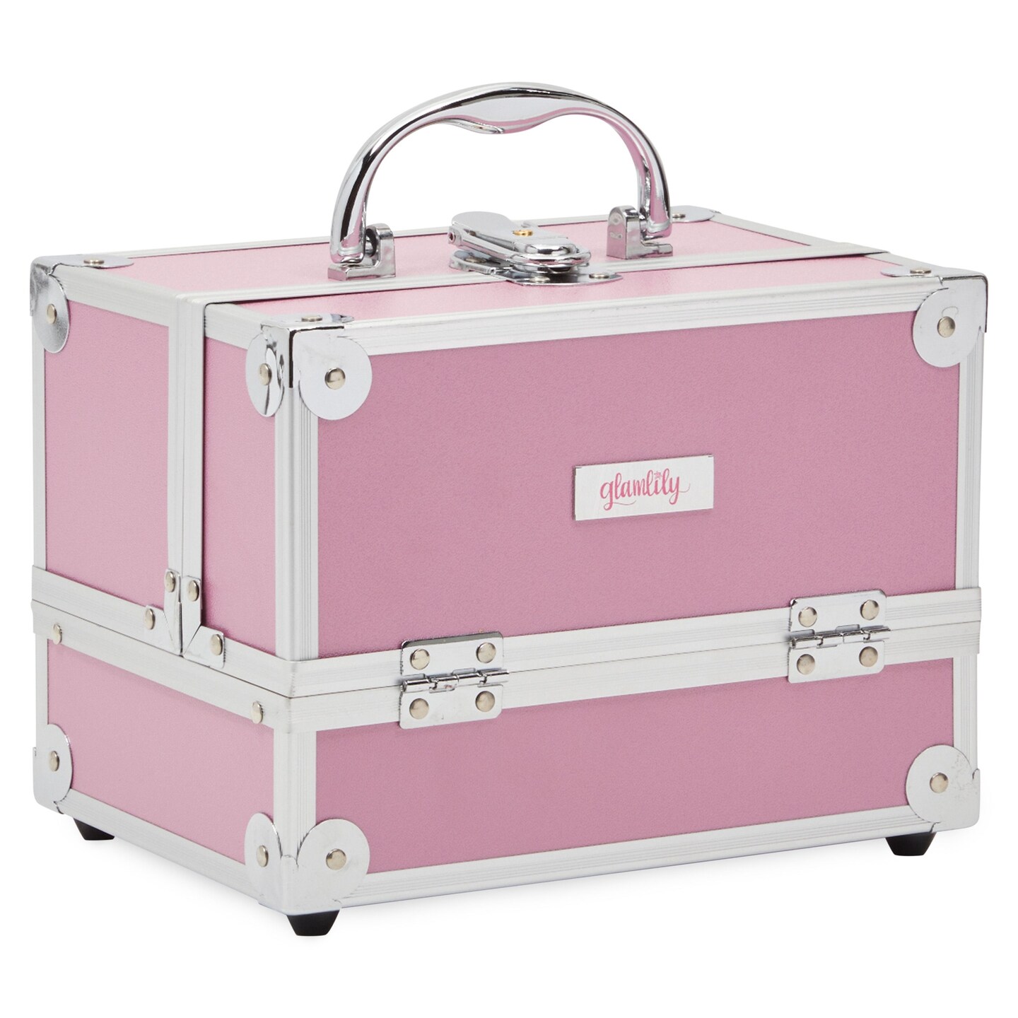 Pink Makeup Train Case with Lock and 2 Keys, 3-Tier Cosmetic Storage Box
