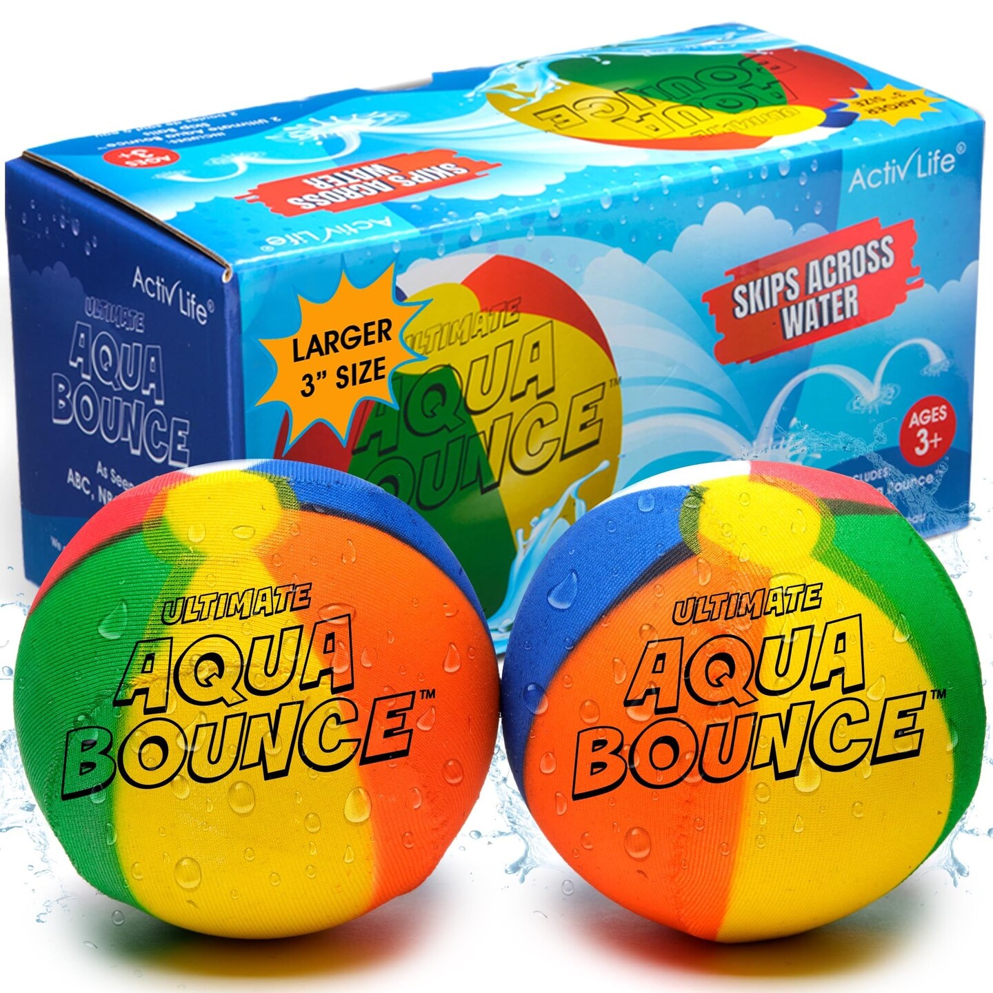 Activ Life Ultimate 2 Pack 3" Larger Water Skip Balls, Fun Swimming Pool & Beach Bouncing Toys for Kids, Teens, and Family, Great for Easter Gifts & Birthdays, Beach Ball