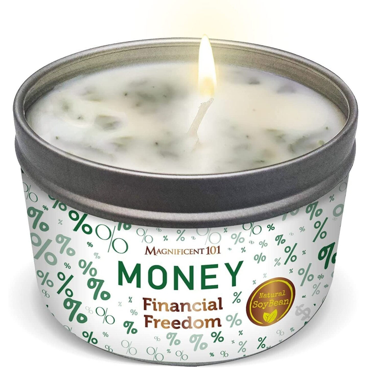Magnificent 101 Long Lasting Money Financial Freedom Aromatherapy Tin Candle | 6 Oz - 35 Hour Burn | Clove, Cinnamon, Citronella Scented, Made of Soy Wax for Purification and Chakra Healing