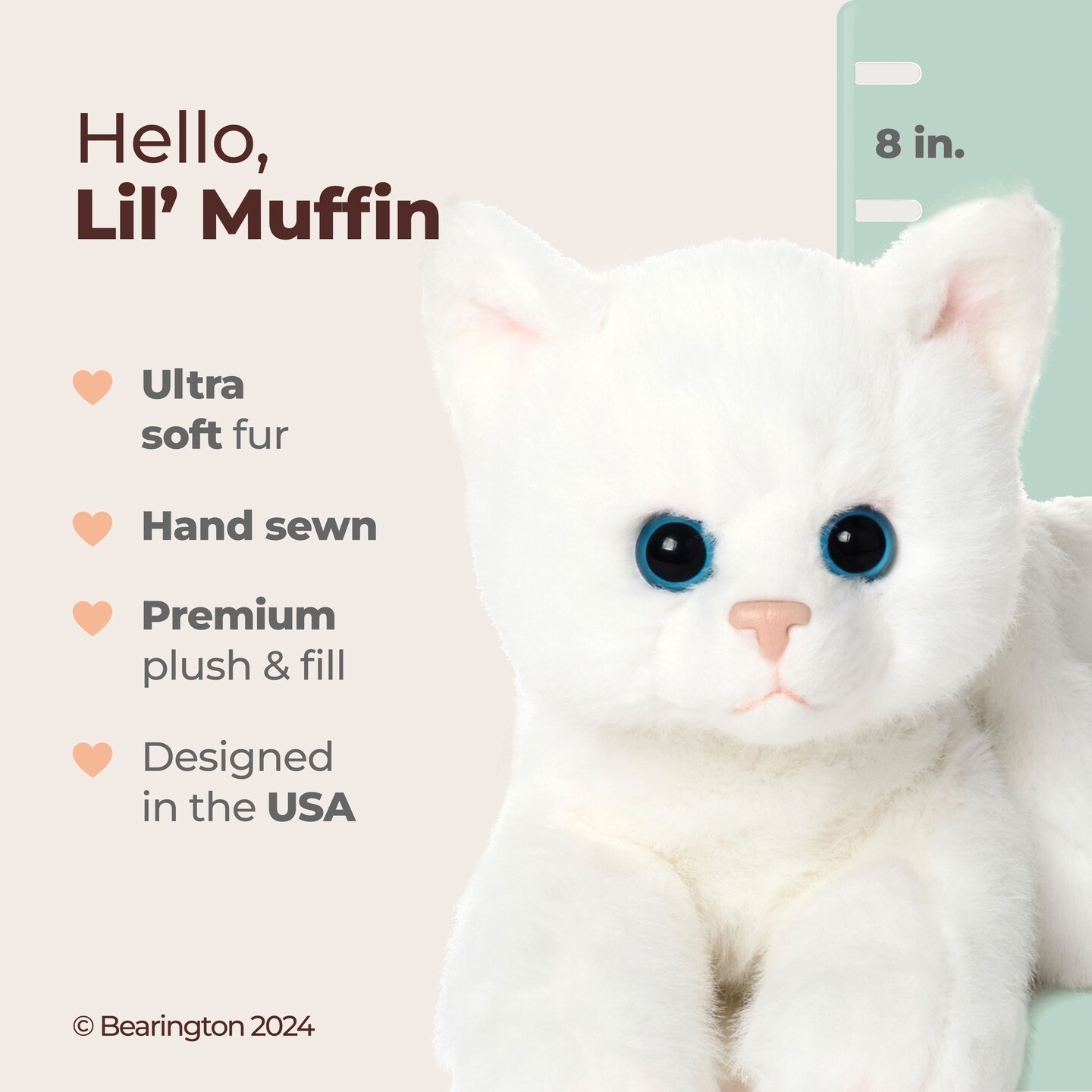Bearington Lil&#x27; Muffin Small Plush Stuffed Animal White Cat, Kitten 8 inch