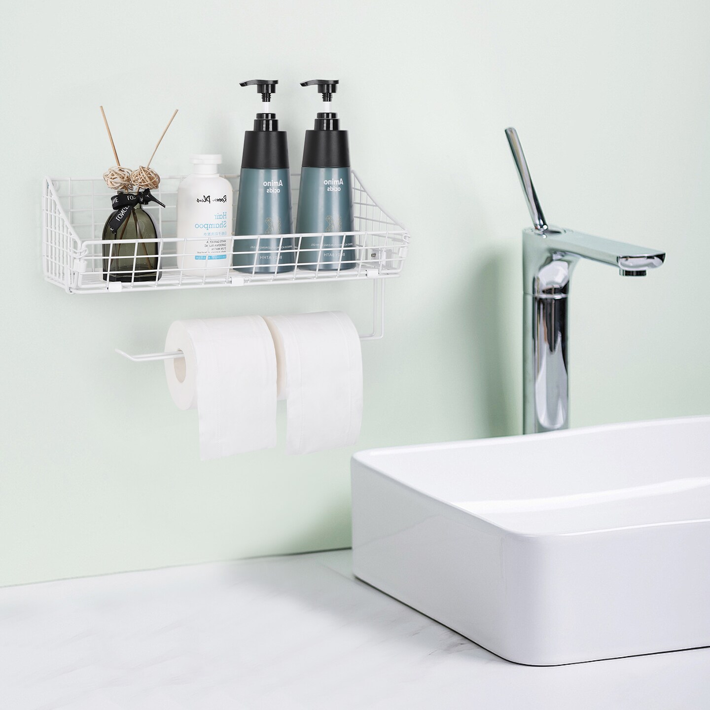 2PCS White Multi-Functional Wall-Mounted Metal Basket Organizer with Foldable Paper Towel Holder – Space-Saving Storage Shelf for Kitchen, Bathroom, Bedroom & Hallway
