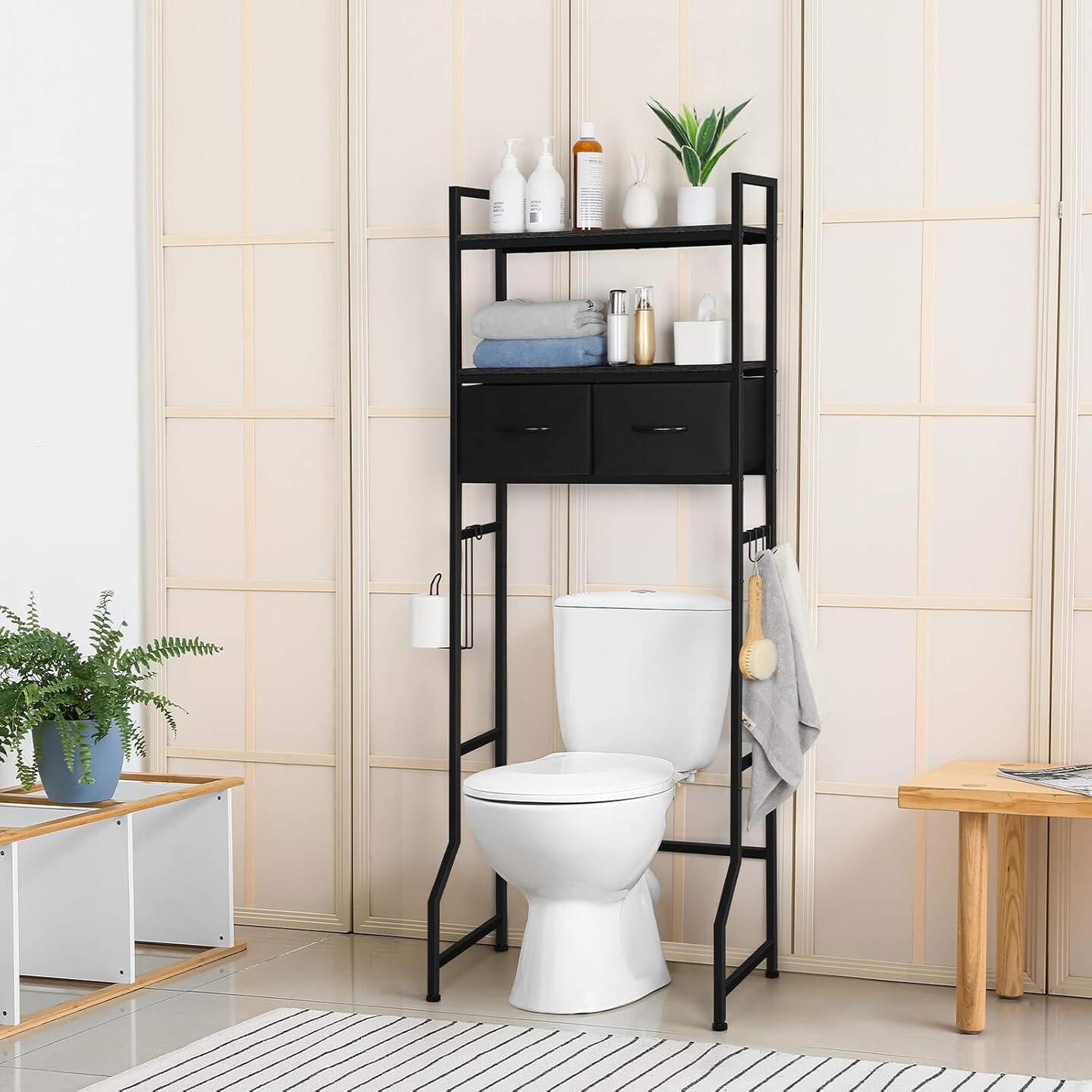 3-Tier Over-The-Toilet Storage Cabinet with Fabric Drawers – Freestanding Bathroom Organizer, Black Space-Saving Shelf for Bathroom & Laundry Room