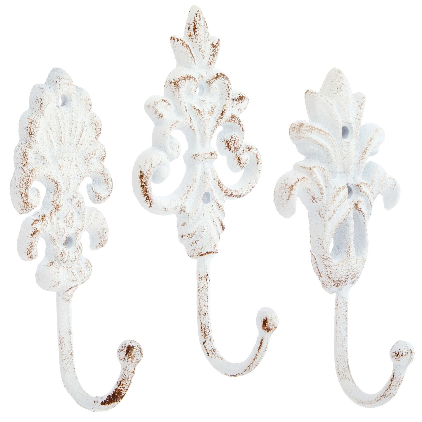 Farmlyn Creek Decorative Hooks - 6.5 in, White Cast Iron, Set of 3 - Farmhouse & French Bathroom Decor - Vintage White Hooks for Hanging Towels & Coats