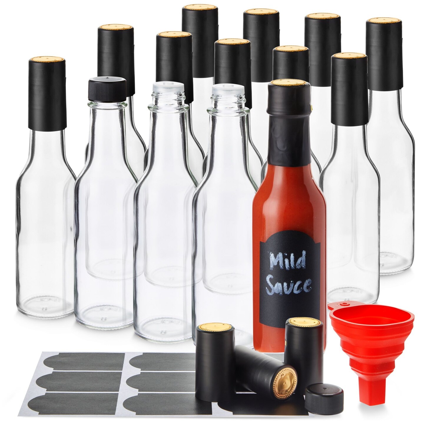 Talented Kitchen 14-Pack Glass Hot Sauce Bottles with Caps, Glass Sauce Bottles with Shrink Wrap Capsule and Funnel, with 18 Chalkboard Labels, 14 Dripper Inserts, Dishwasher-Safe (5 oz)