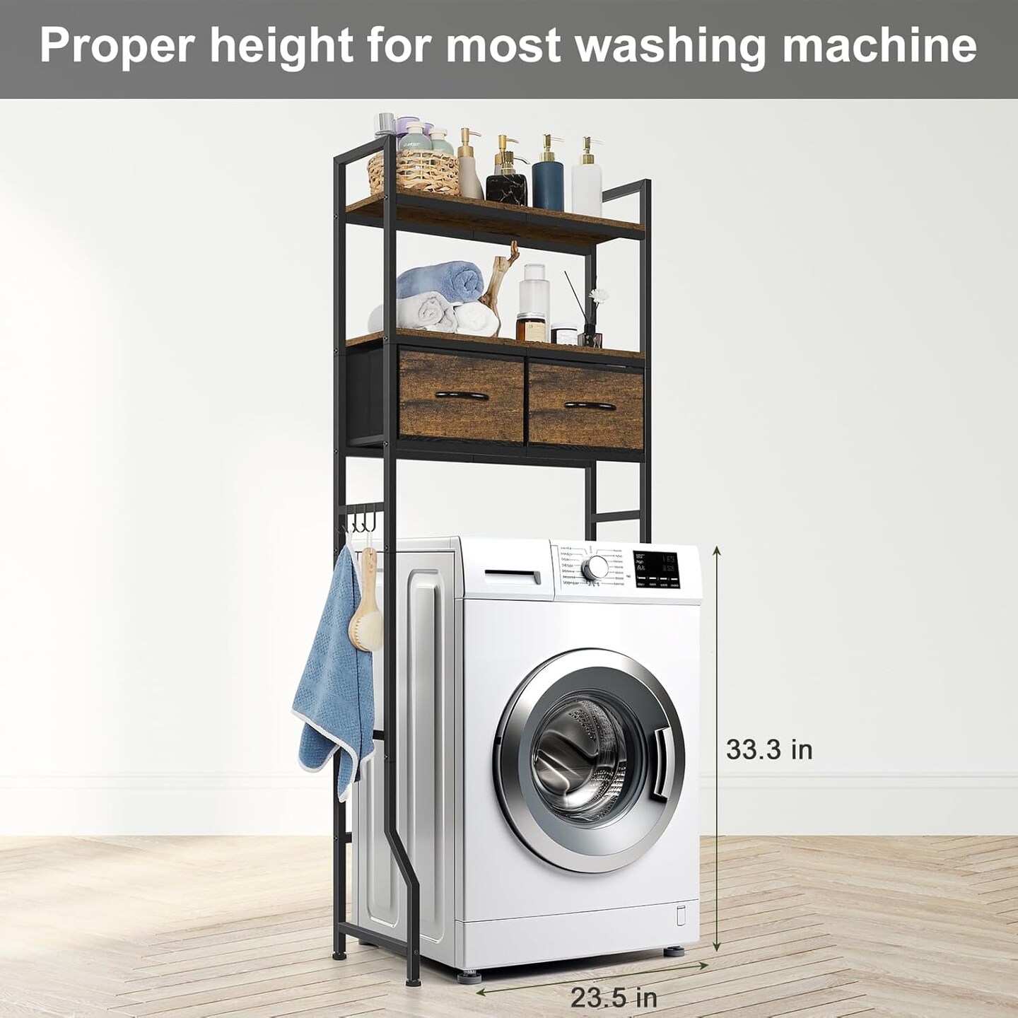 Rustic Brown Over-The-Toilet Storage Cabinet with Fabric Drawers &#x2013; Bathroom Organizer with Toilet Paper Holder, Hooks &#x26; Adjustable Shelves for Laundry, Bedroom, or Kitchen