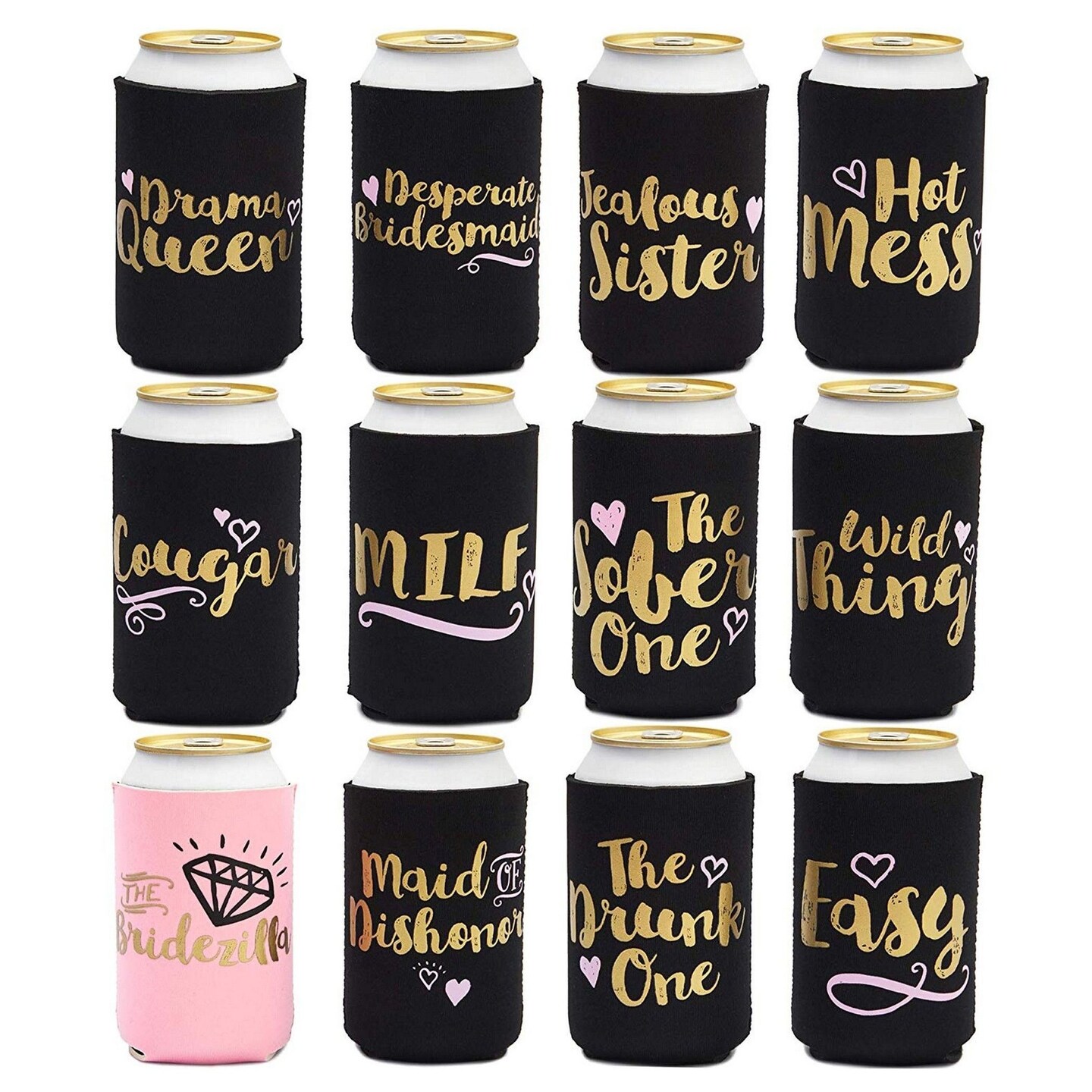 12-Pack Can Cooler Sleeves, 12 Assorted Designs Insulated Neoprene Holder Party Supplies - Bachelorette Party