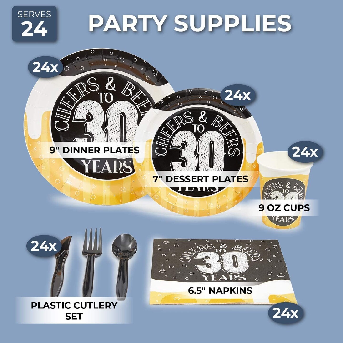 168-Piece Cheers and Beers to 30 Years Party Decorations, 30th Birthday Plates, Napkins, Cups, Cutlery Set (Serves 24)