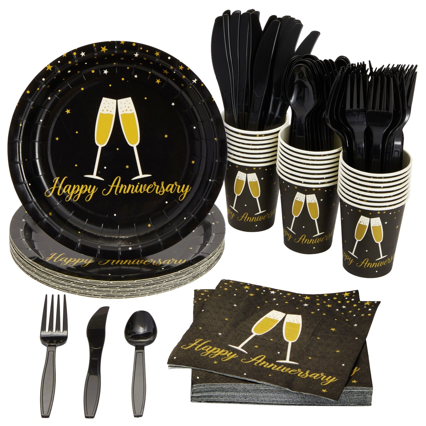 144-Piece Happy Anniversary Party Decorations and Supplies, Includes Plates, Napkins, Cups, and Cutlery, Bulk Set for Wedding, Work, or Milestone Anniversaries (Serves 24 Guests)