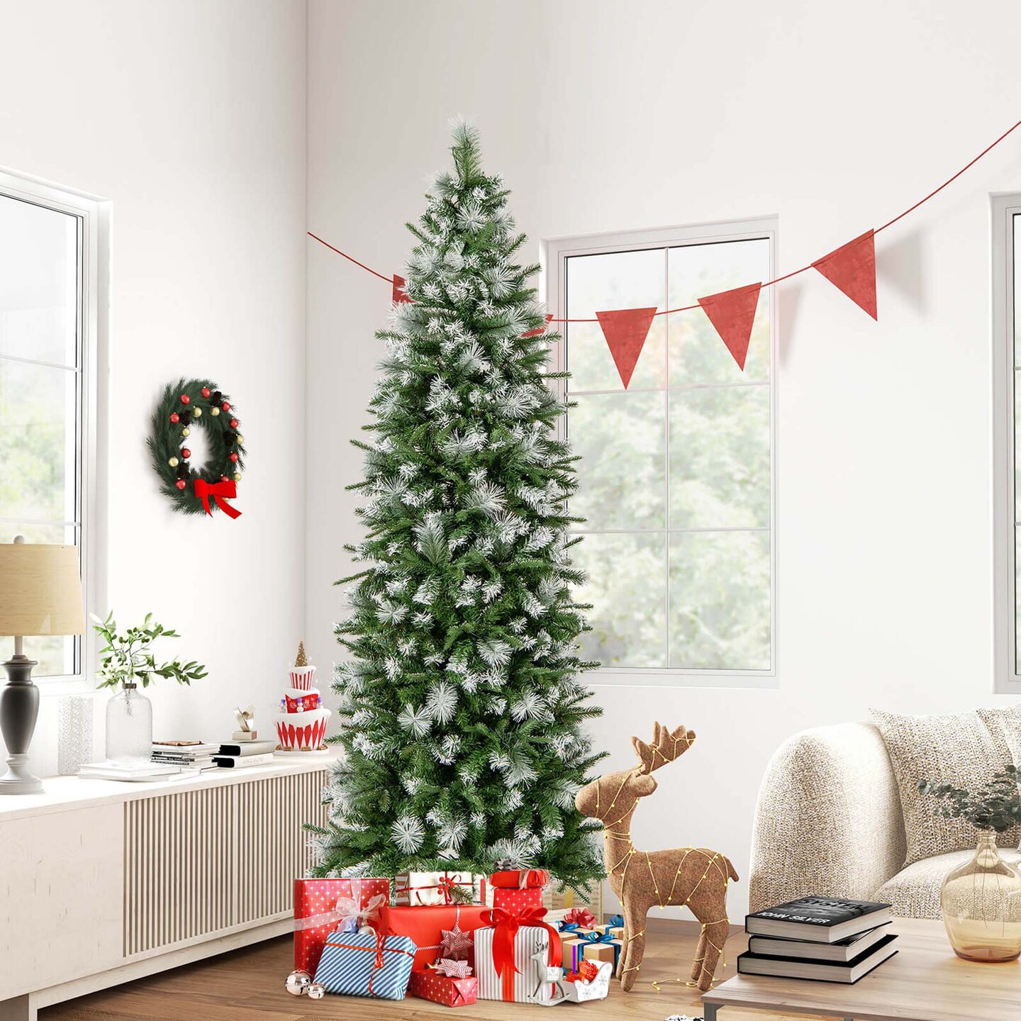 Costway 6/7.5/9 ft Pre-Lit Artificial Christmas Tree with 580/820/1228 Frosted Tips 470 LED Lights