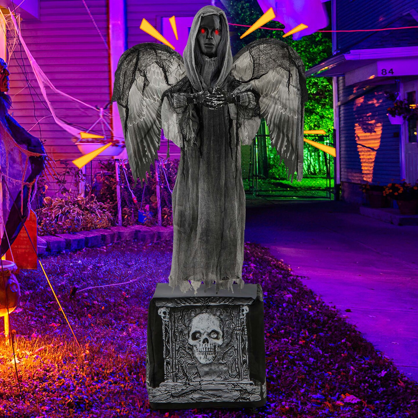 Costway 5.5ft Halloween Animatronic Decoration Animated Praying Angel Statue with Light Up Eyes &#x26; Shaking Wings