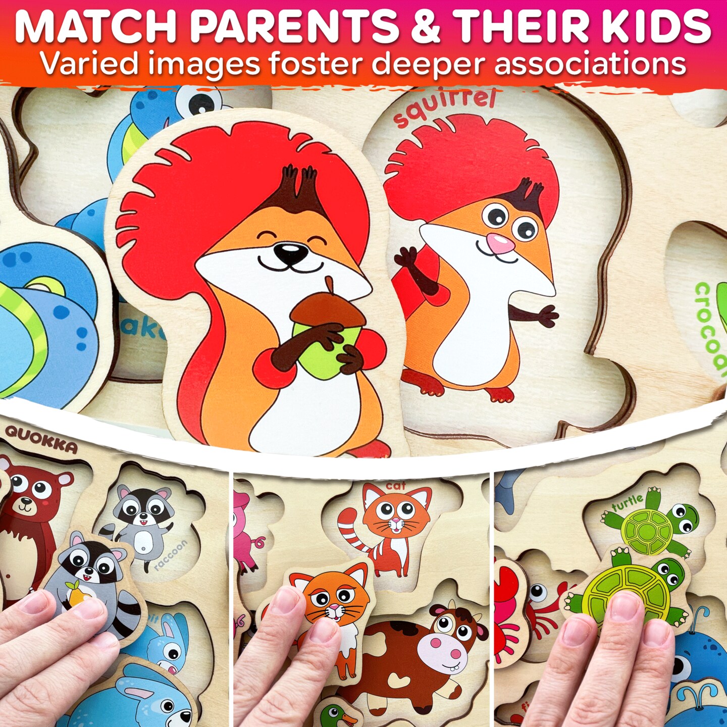 QUOKKA Wooden Puzzles for Toddlers Ages 1-3-5 – Animal Peg Puzzles for Kids 2-4 Years Old – Set of 3 Wood Learning Travel Toys for Children – Gift Educational Game for Boys and Girls