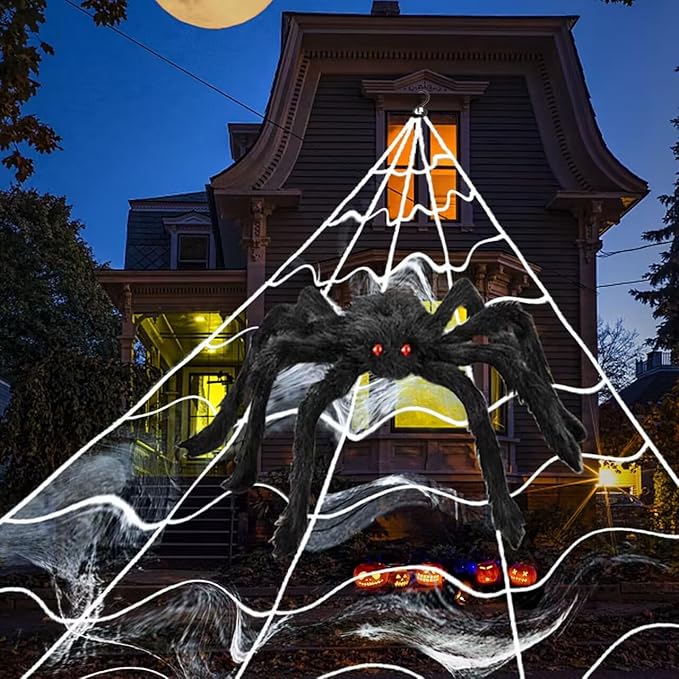 Halloween Decorations Outdoor 16 FT Giant Halloween Spider Web + 50" Large Spider, Triangular Huge Spider Web and Stretch Cobwebs Outdoor Halloween Decorations Yard Lawn Party Decor Props for Haunted