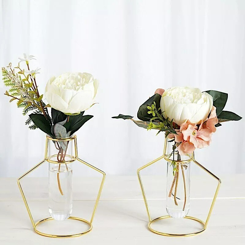 2 Gold Geometric Flower Vase Holders Clear Glass Tubes Wedding Home Centerpieces