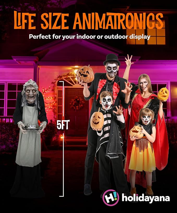 Halloween Animatronics Spooky Old Lady with Candy Dish. 5ft Animated Halloween Decoration. Old Lady Scary Halloween Decoration Outdoor Motion & Sound Activated