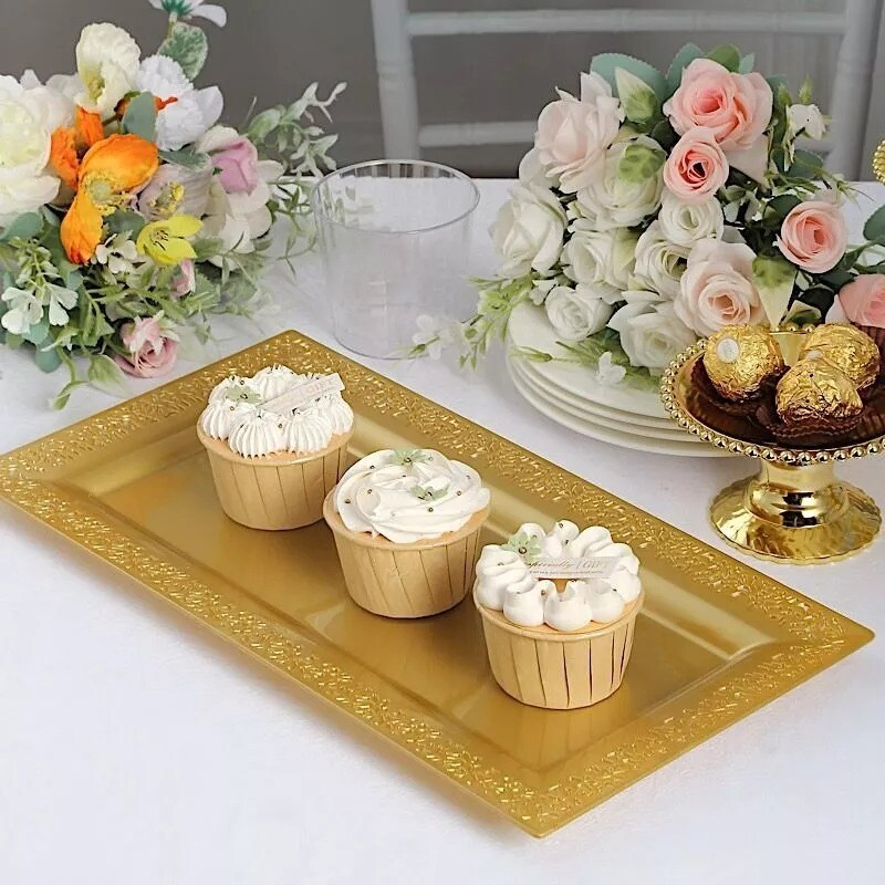 Gold 4 Plastic 14&#x22; Rectangle Serving Trays Lace Print Rim Design Party Events